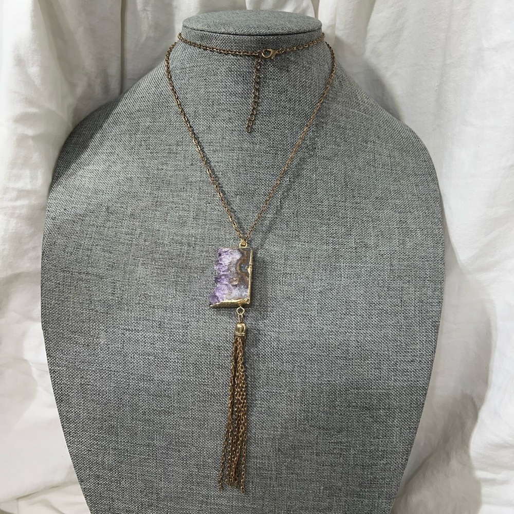 Amethyst Cluster Pendent Cased In Gold and Antique Gold Dangle W/Chains. 30”☑️